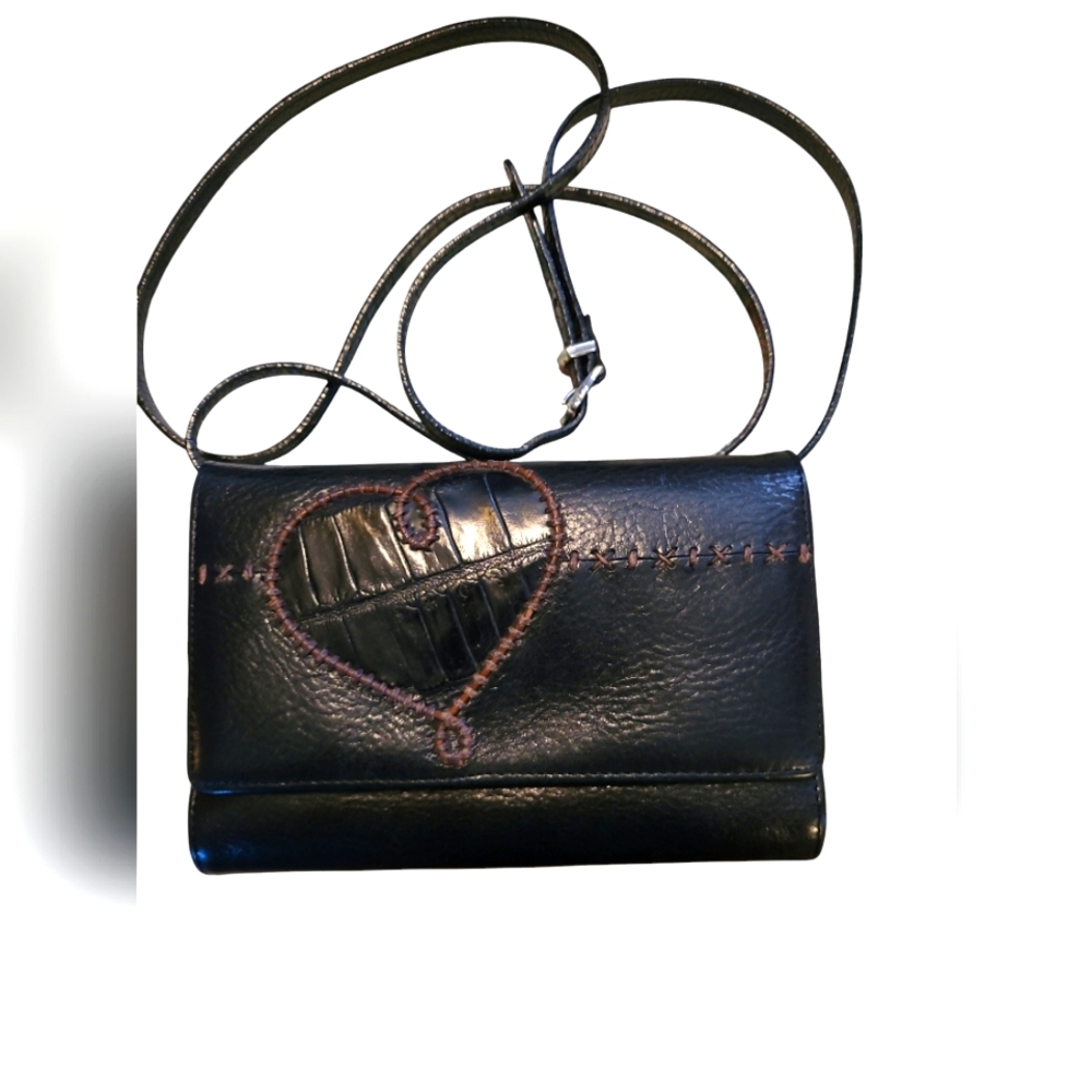 Brighton Black Leather Heart Accent Crossbody Wallet Bag EUC